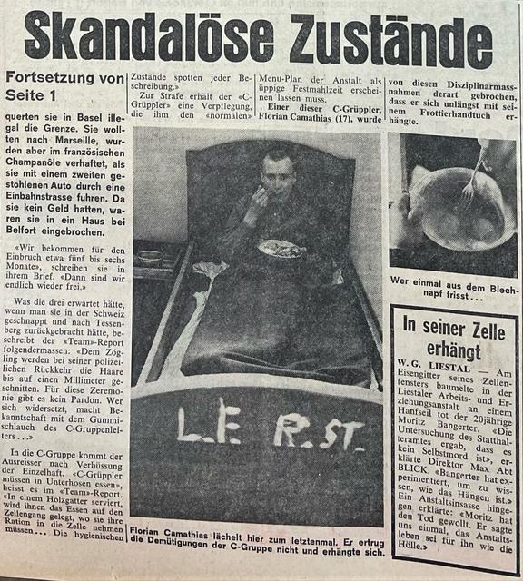 Translation into English: Illustration from the Swiss daily newspaper "Blick" with the headline "The Institution Makes Us Even More into Gangsters" from August 12, 1970, page 2.