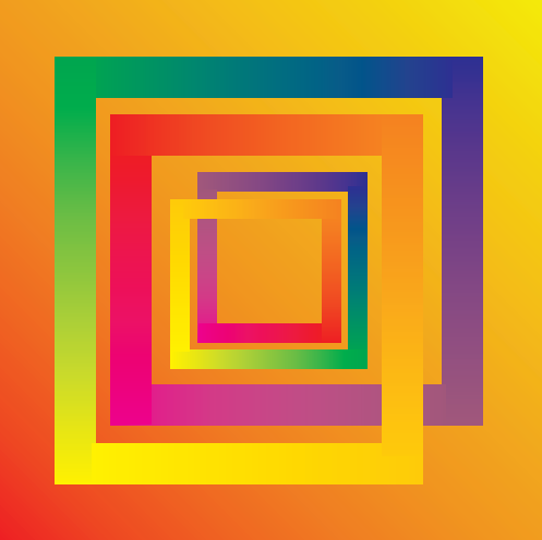 The picture shows the typical visual language of Afra Flepp. A square, endless spiral fills the room. The finest colour transitions change it from yellow to green to blue to violet, red and from orange back to yellow. The fine colour transitions were created using an airbrush technique with acrylic paint.