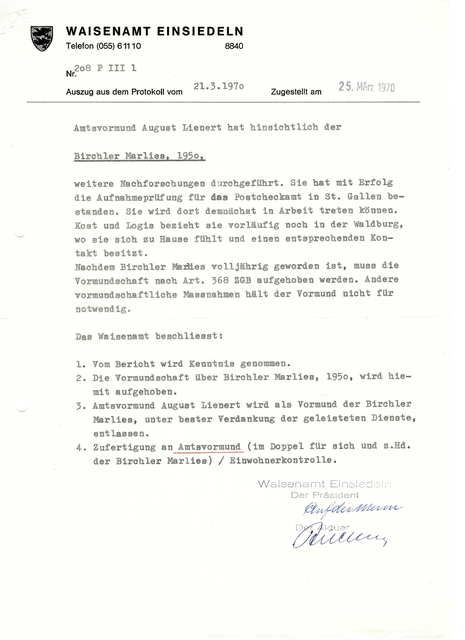 The illustration shows the first page of the final guardianship report from the Einsiedeln Orphan's Office to Marie-Lies Birchler dated 1 January 1971, when she was released from guardianship at the age of 20.