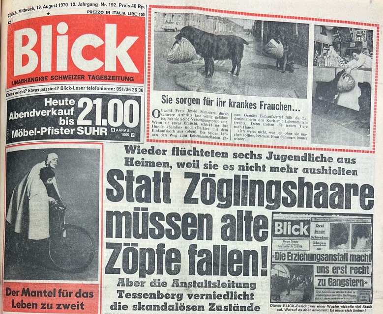 Front page of the Swiss daily newspaper "Blick" with the headline "Instead of Pupil's Hair, Old Traditions Must Fall" from August 19, 1970, page 1.