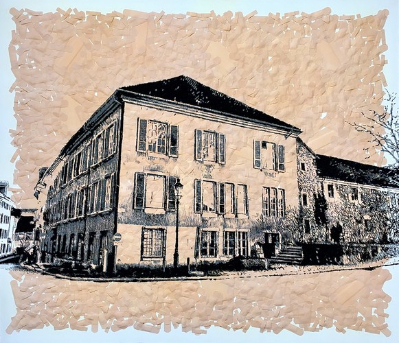 Painted with fine lines on a brownish-coloured healing plaster, the building of the Solothurn municipality/services becomes visible. The view falls on a three-storey stone building to the right of which an attached, elongated building is indicated.