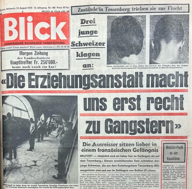 Front page of the Swiss daily newspaper "Blick" with the headline "The Institution Makes Us Even More into Gangsters" from August 12, 1970, page 1.