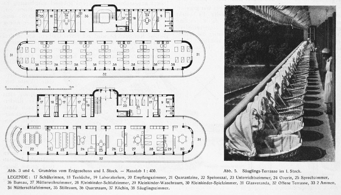 Illustration of an excerpt from the competition sketches. On the left side, a floor plan is depicted, while on the right side, a large number of baby baskets are arranged in rows.