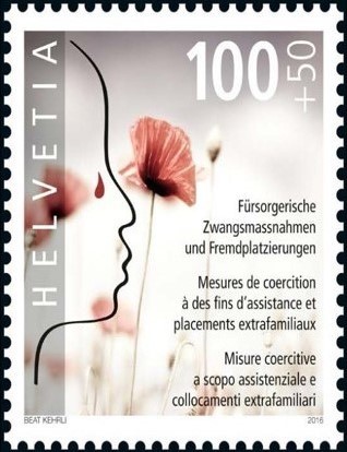 The special postage stamp "Welfare Coercive Measures and Foster Placements" depicts a face drawn as a line in profile. On a white background, several poppies are illustrated.