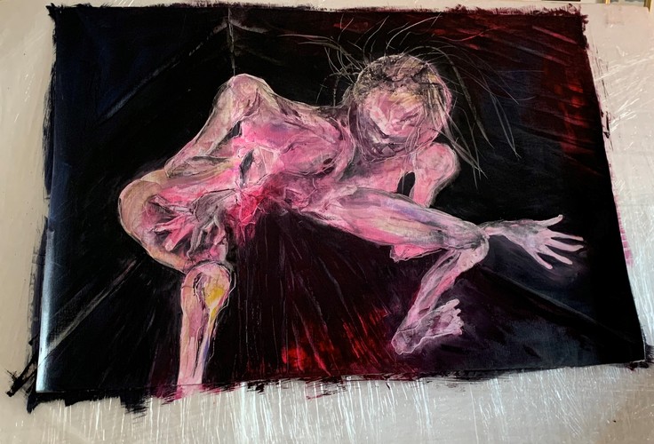 Color image, oil on canvas, lying on a table without a frame, depicting a curved figure, pink on a black background with traces of red.