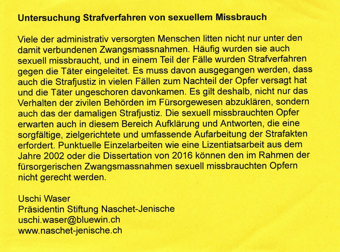 Letter from Uschi Waser calling for the role of the judiciary in dealing with sexual violence to be clarified through a "careful, targeted and comprehensive review of criminal files".