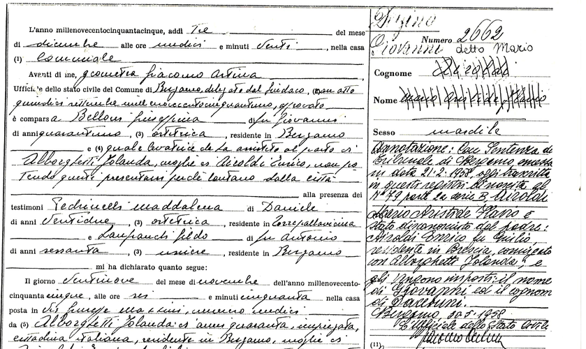 Excerpt from Mario Delfino's birth certificate. It includes, among other things, the names of his parents, references to the adoption decision, and multiple given names for Mario Delfino. Some of them are partially crossed out.